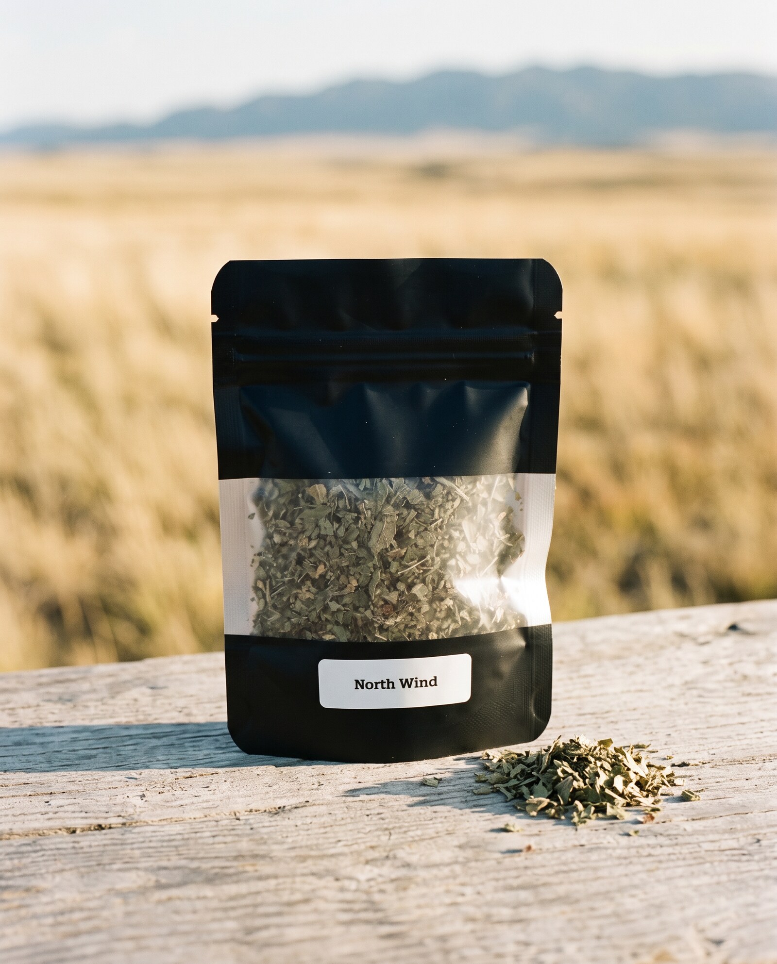 North Wind — close-up of the herb blend in its matte black pouch