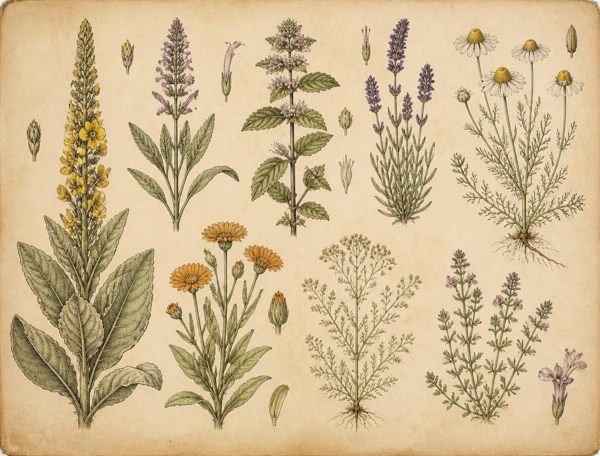 Vintage botanical field-guide illustration of mullein, mint, and rose