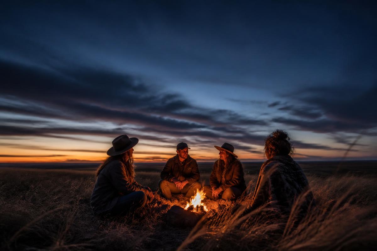 A small fire surrounded by people at dusk