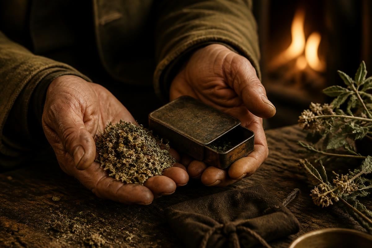Hands sorting dried herbs on a worn wooden table