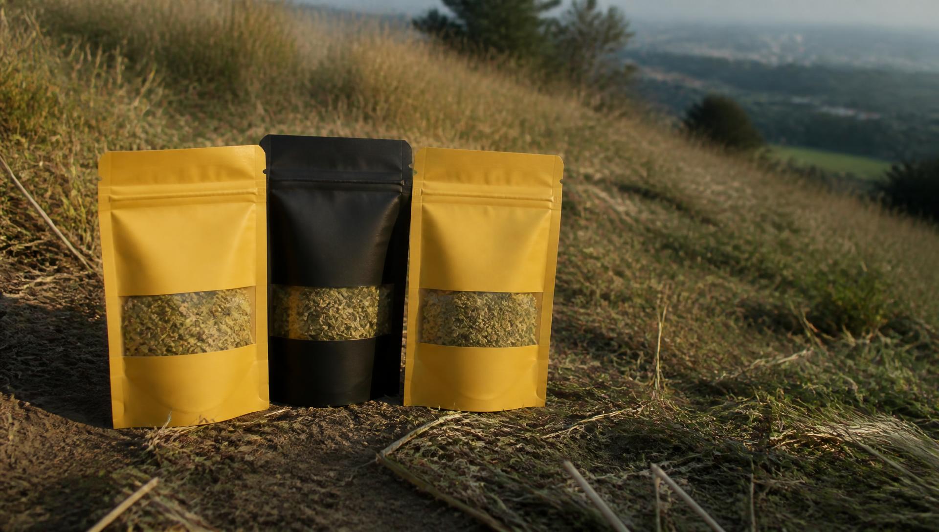 Matte black resealable pouches of loose organic herbs on weathered wood